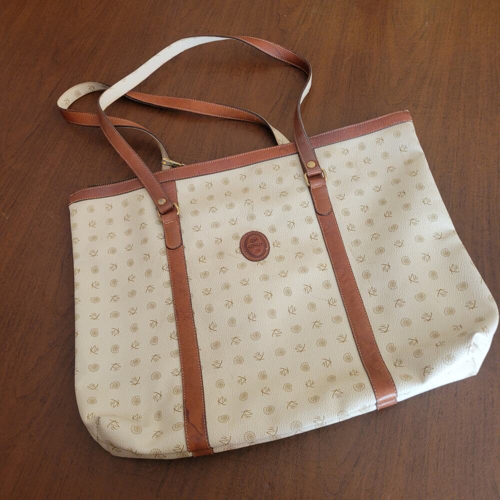 Vintage Kenzia tote bag monogrammed ivory coated canvas with brown leather trim
